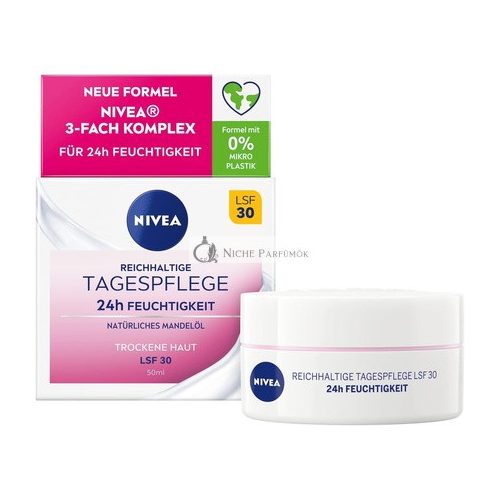 Nivea Bohatá Denná Krém 24-hodinová Hydratácia SPF 30, 50 ml, S Prírodným Mandľovým Olejom a Magnóliou