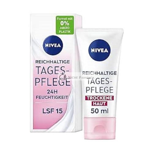 NIVEA Bohatá Denná Starostlivosť 24h Hydratačný Krém na Tvár pre Suchú Pokožku s SPF 15, 50 ml