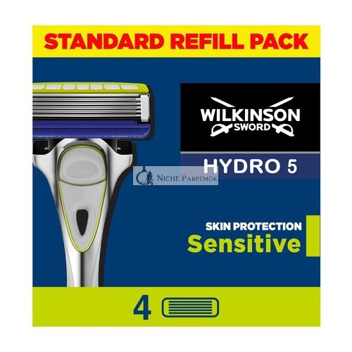 Wilkinson Sword Hydro 5 Ochranný holiaci strojček pre citlivú pleť, balenie 4 náhradných holiacich čepelí s gélom s vitamínom E a presným trimerom