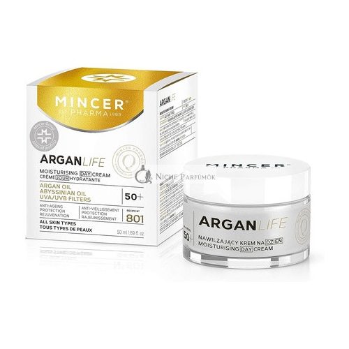 Mincer Pharma Argan Life 50+ Hydratačný, Obnovujúci, Ochranný Anti-Aging Denný Krém pre Všetky Typy Pleti s Arganovým Olejom, Abyssinian Olejom, UVA a UVB Filtermi, 50ml