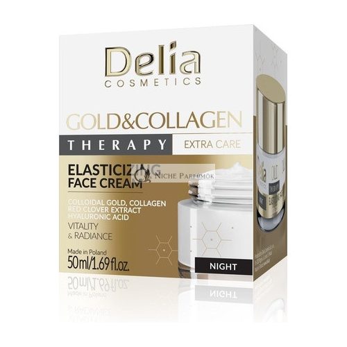 Delia Cosmetics Zlate a Kolagen Elastizacny Nočný Krém Vitalita Žiara Kolóidne Zlato Kolagén Extrakt Červenej Ľubovníka Kyselina Hyalurónová, 50ml