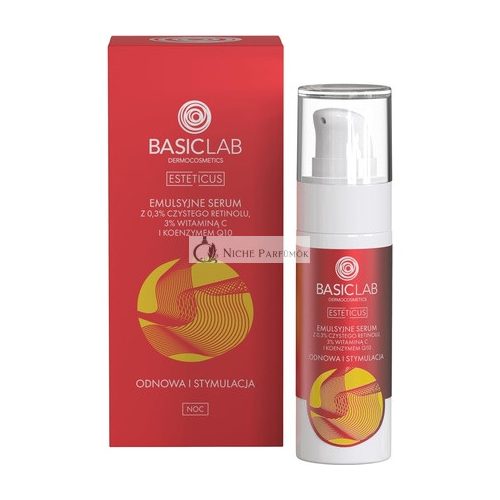 Basiclab Emulzný Sérum s 0,3% Čistým Retinolom, 3% Vitamínom C a Koenzýmom Q10 Obnova a Stimulácia, 30ml