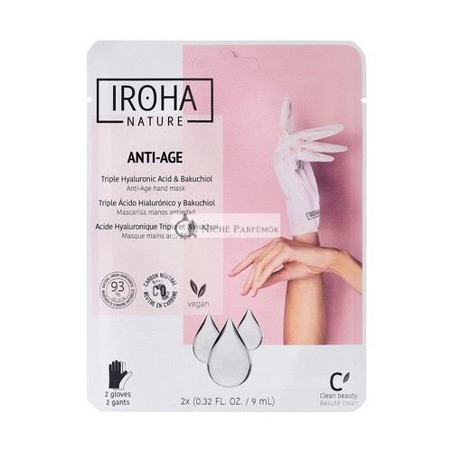 Iroha Nature Anti-Aging Rukavice s Trojitým Hyalurónom, Bakuchiolom a Niacinamidom, 93% Prírodných Zložiek